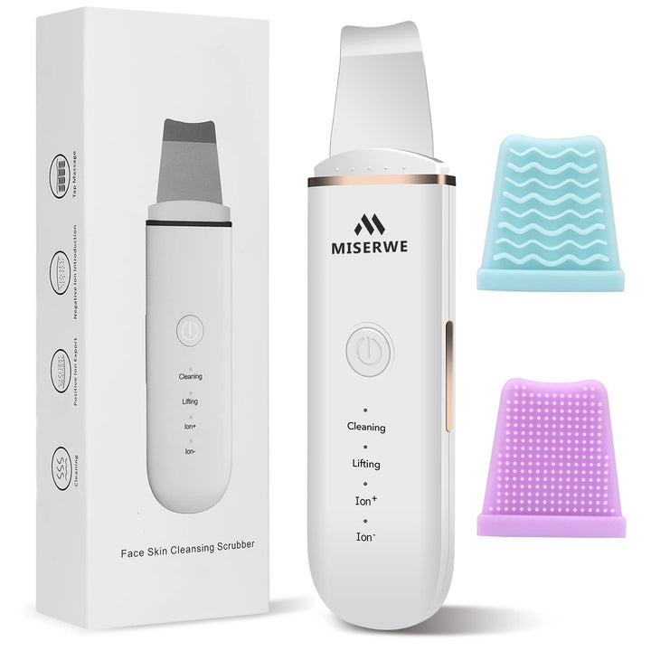 MISERWE front view white skin scrubber showing compact design and portability