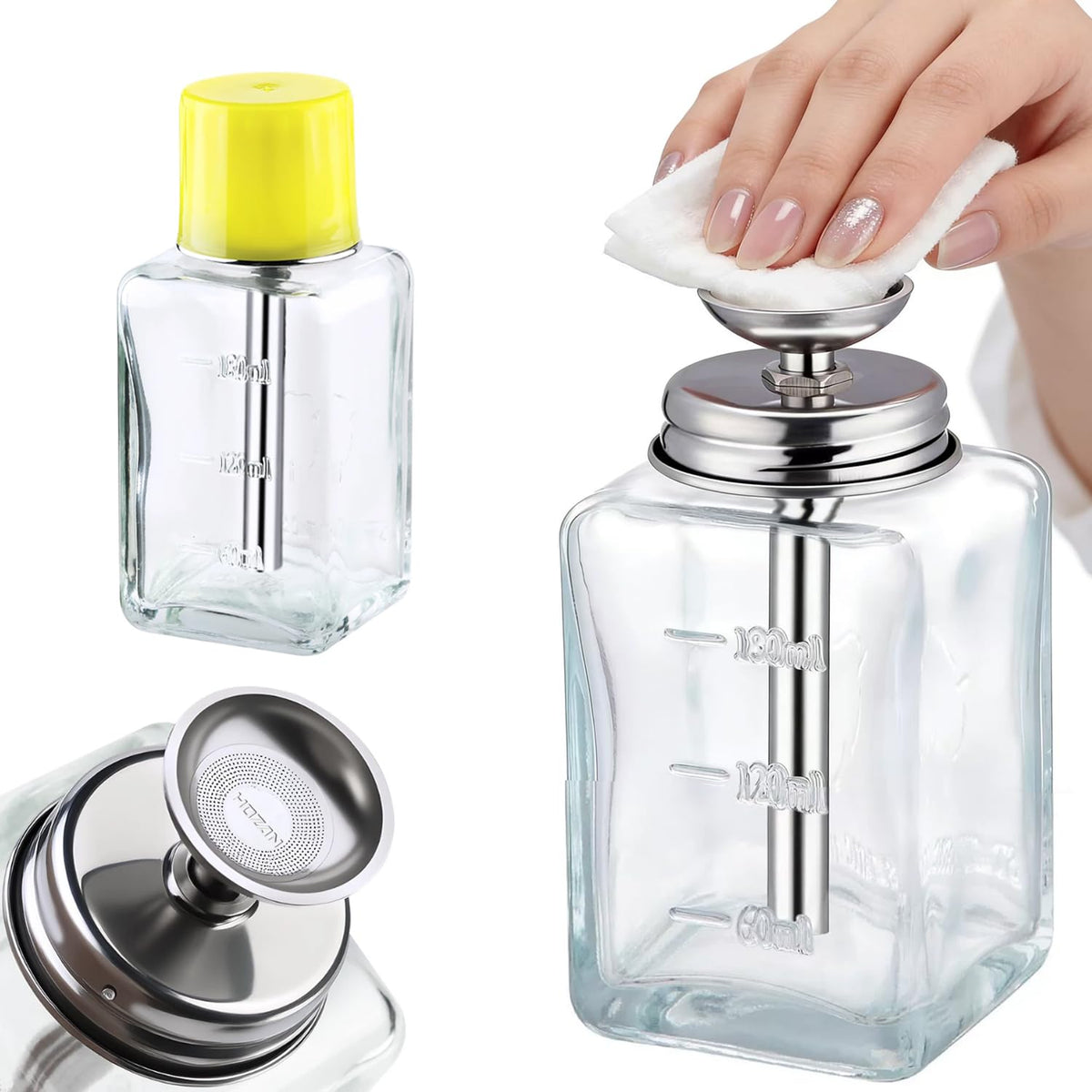 Misforu front view square dispenser showing clear glass body and yellow cap, tidy dispensing