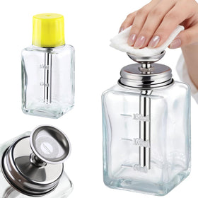 Misforu front view square dispenser showing clear glass body and yellow cap, tidy dispensing