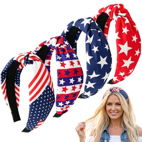 Miskate front view of four patriotic headbands showing red white blue design and wearable style