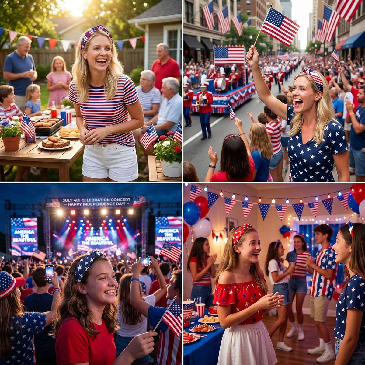 Miskate headband worn outdoors showing secure fit and festive 4th of July styling