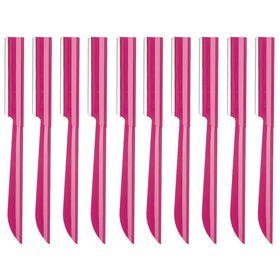 Miss Gorgeous London front packaging showing ten stainless steel eyebrow razors and benefits