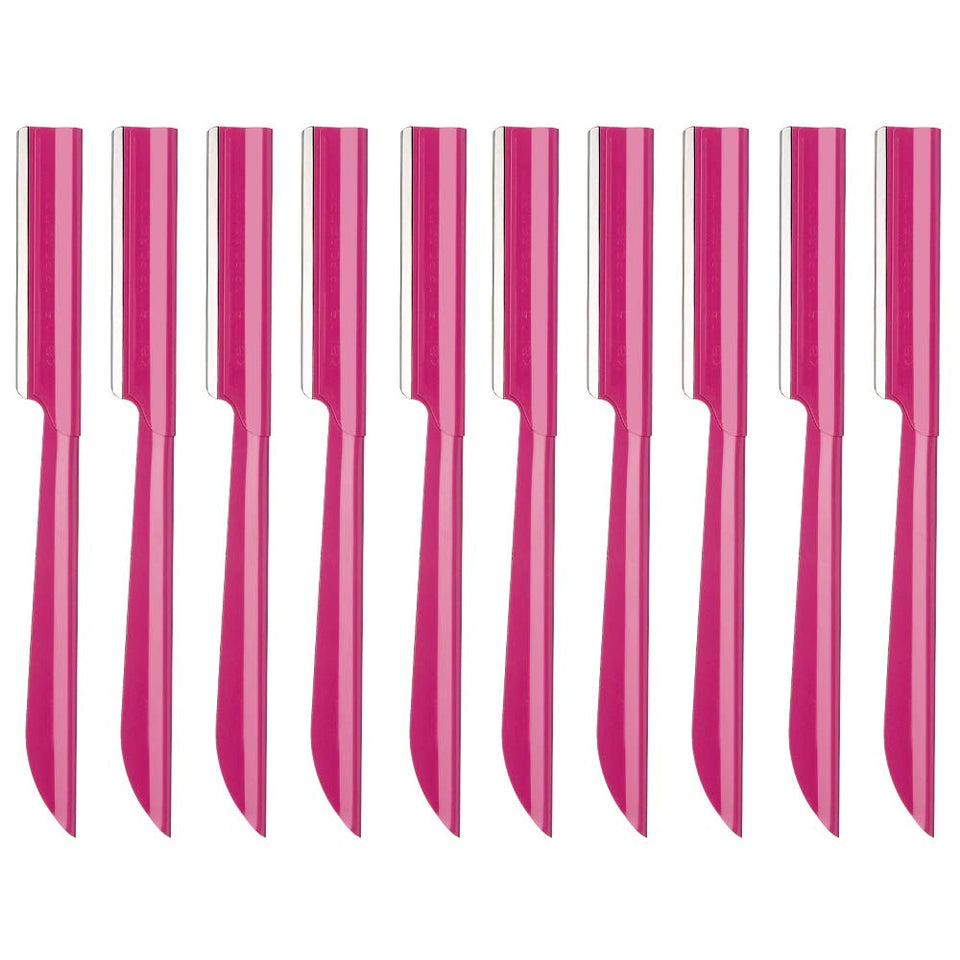 Miss Gorgeous London front packaging showing ten stainless steel eyebrow razors and benefits