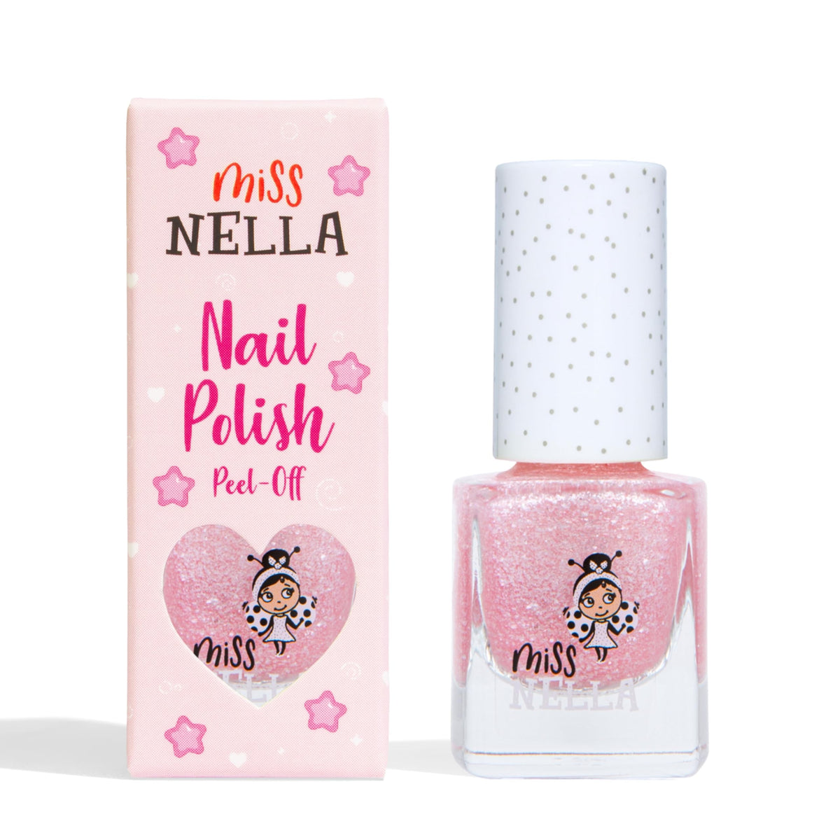 MISS NELLA front packaging showing pink glitter polish and safety messaging
