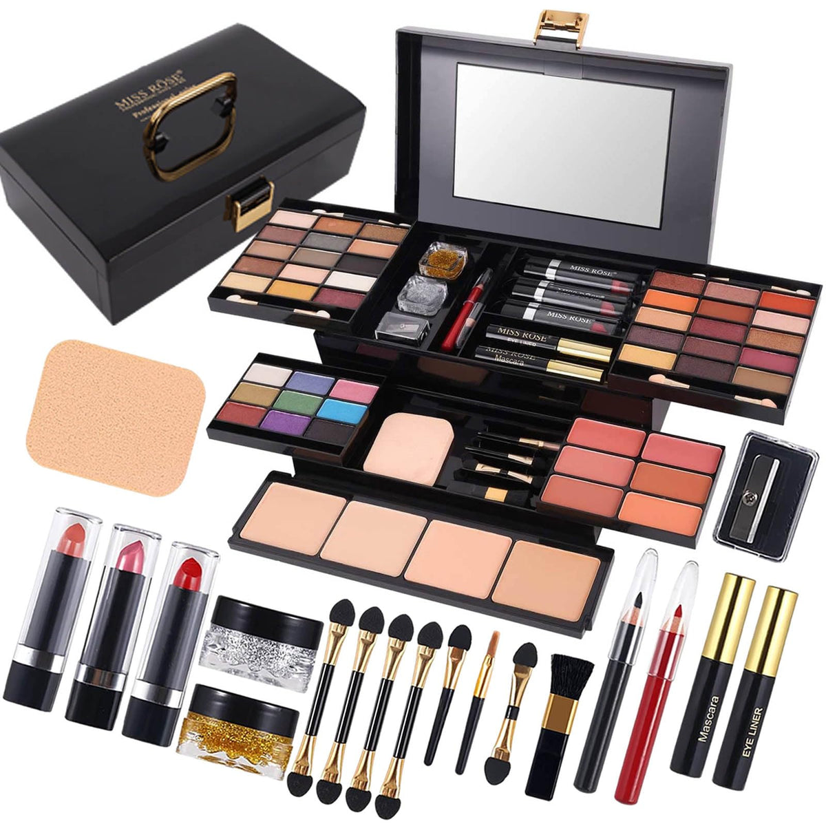 MISS ROSE M palette front packaging showing full 58-color selection and mirror for easy application