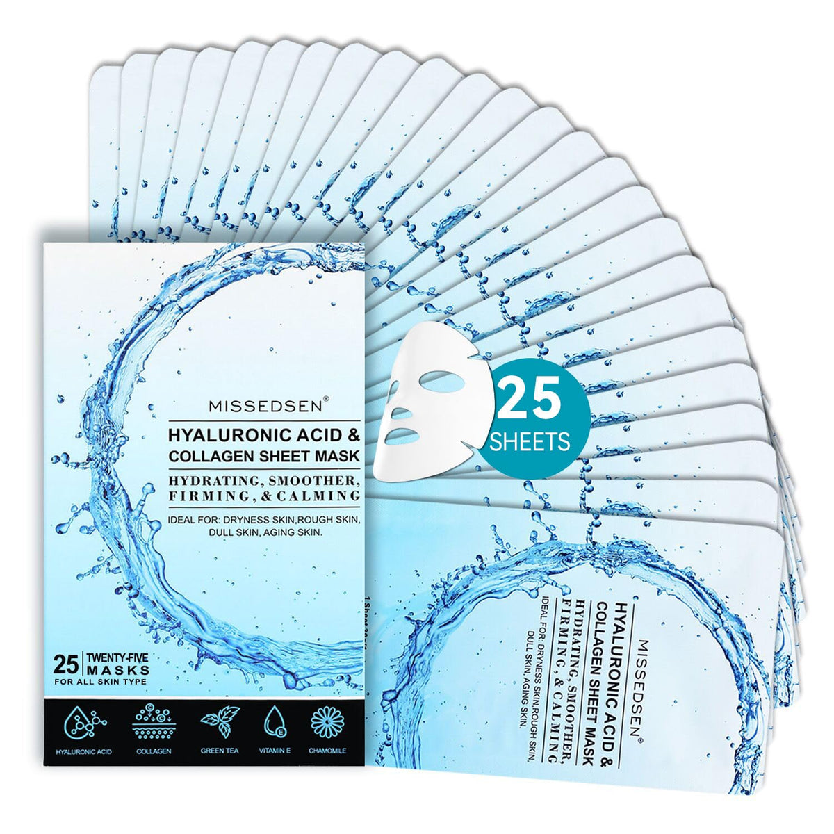 MISSEDSEN front packaging showing 25 masks and brand benefit