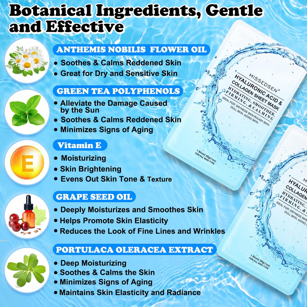 MISSEDSEN botanical ingredients and vitamin E display indicating antioxidant care