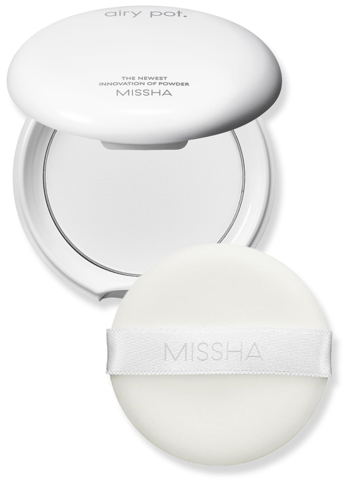 MISSHA compact front view showing sleek packaging and travel-ready benefit