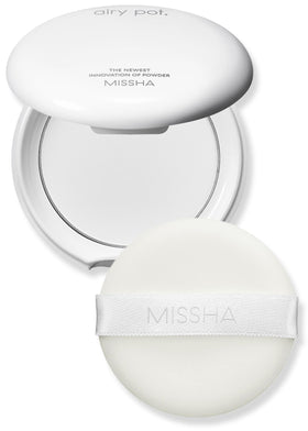 MISSHA compact front view showing sleek packaging and travel-ready benefit