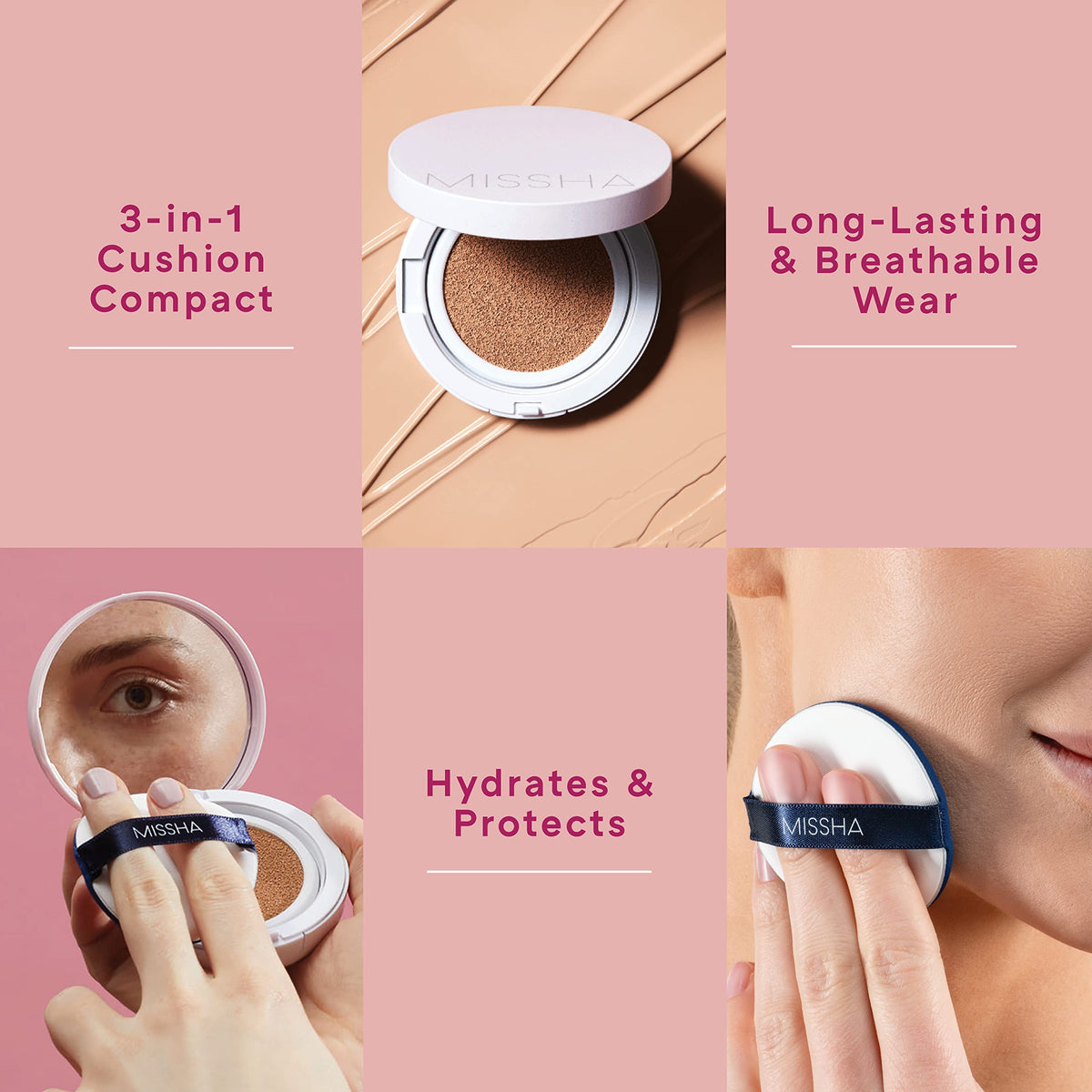 MISSHA cushion texture close-up revealing smooth dewy formula, helps blend seamlessly