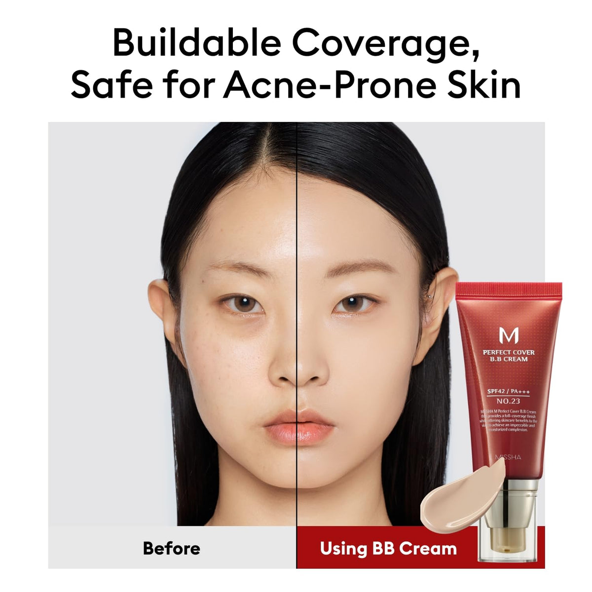 swatches of MISSHA BB cream and BB Boomer textures illustrating blendability