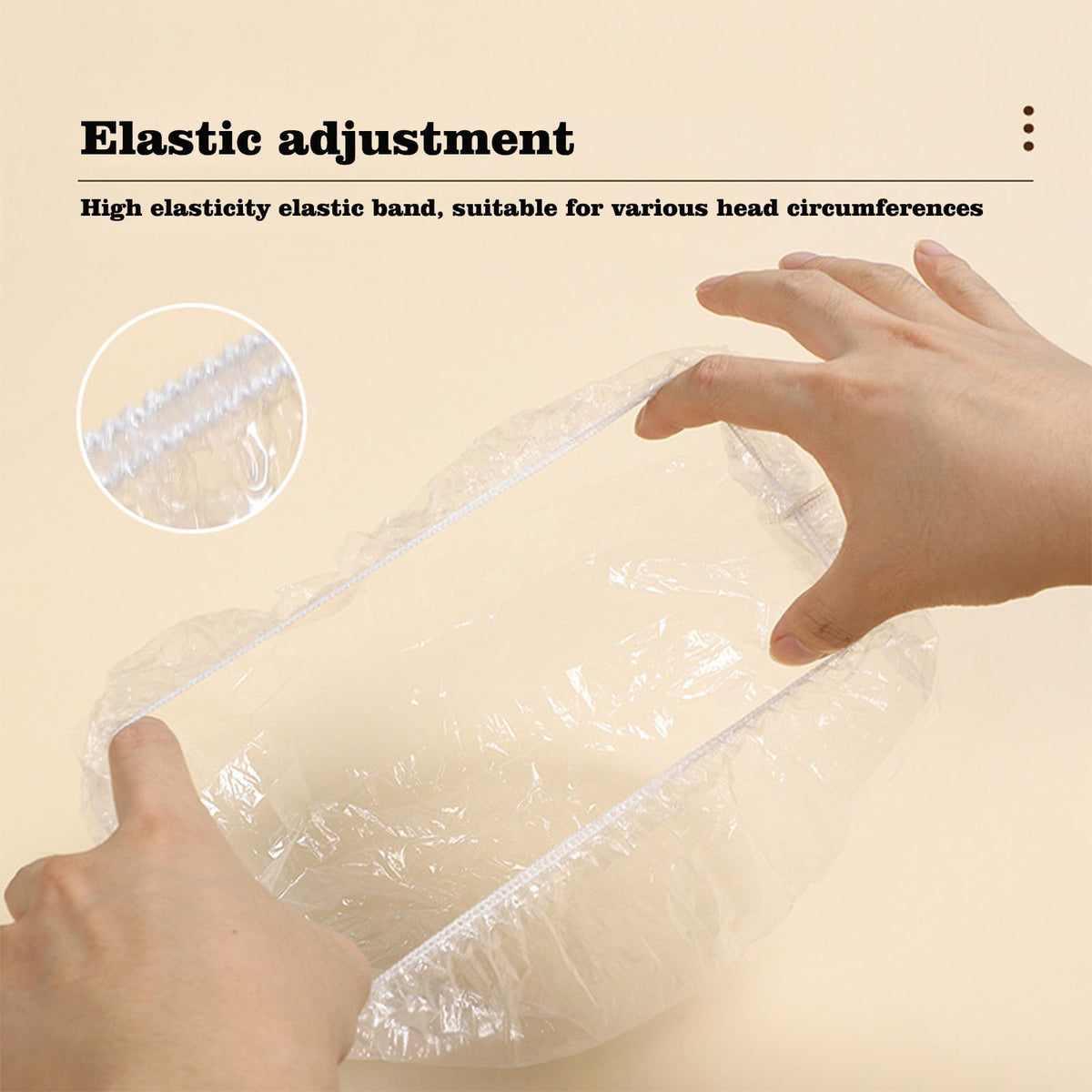 MISSJOJIAY clear cap stretched on head for travel and shower protection