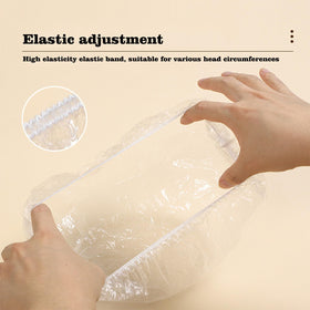 MISSJOJIAY clear cap stretched on head for travel and shower protection