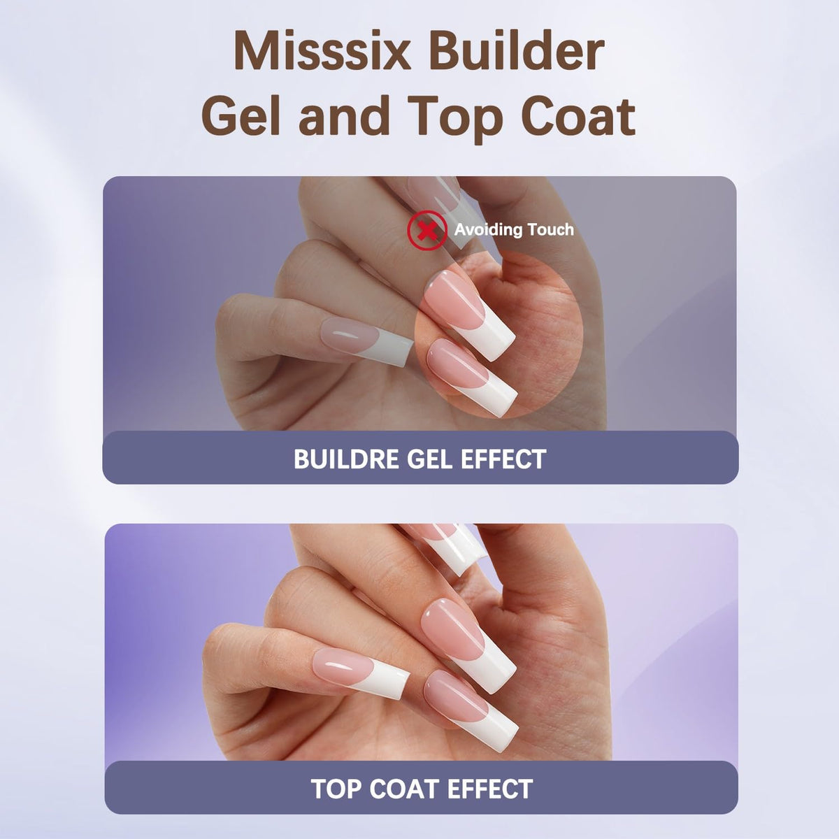 Misssix step-by-step application with builder gel before top coat improving adhesion