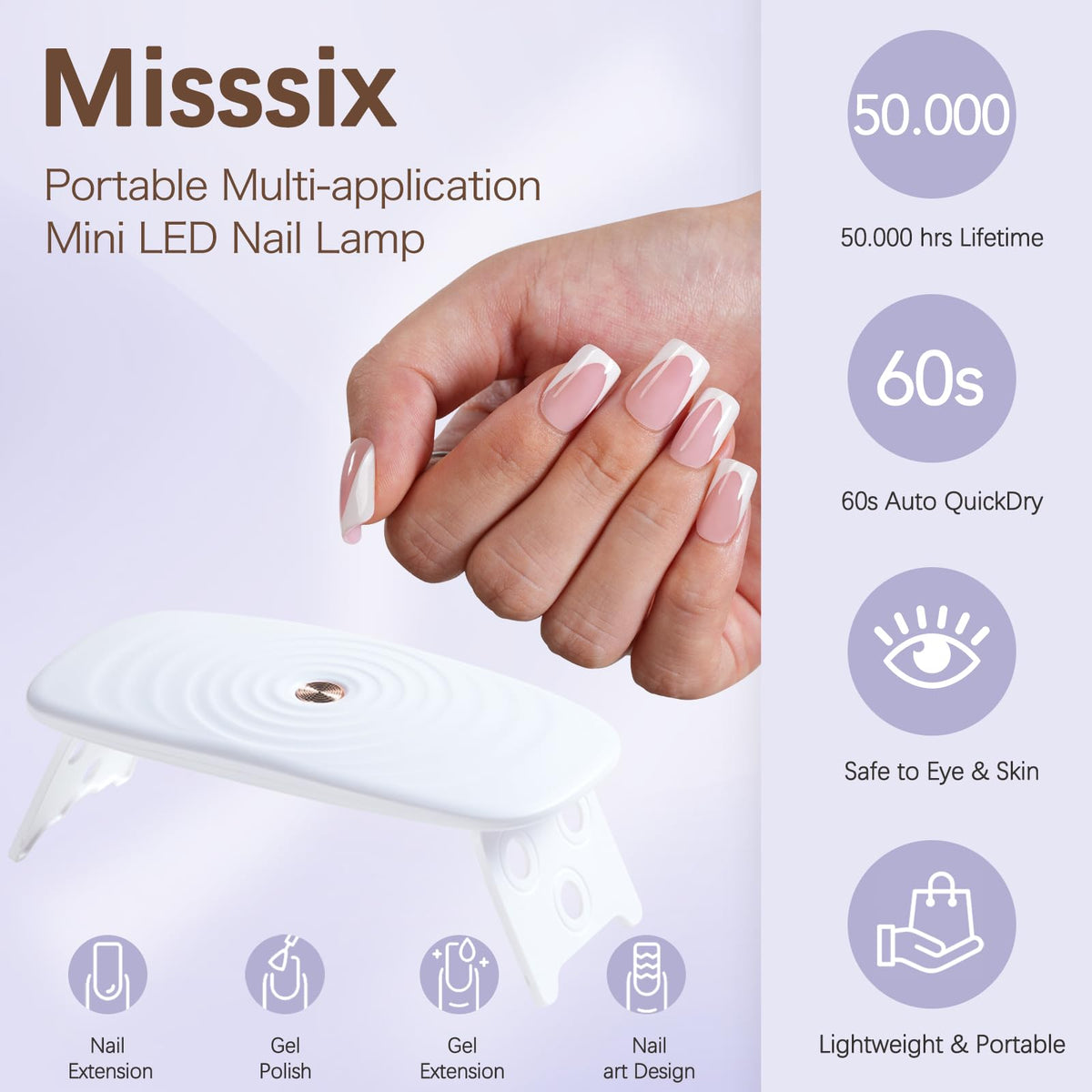 Misssix applied short square French nails on a hand demonstrating natural salon finish