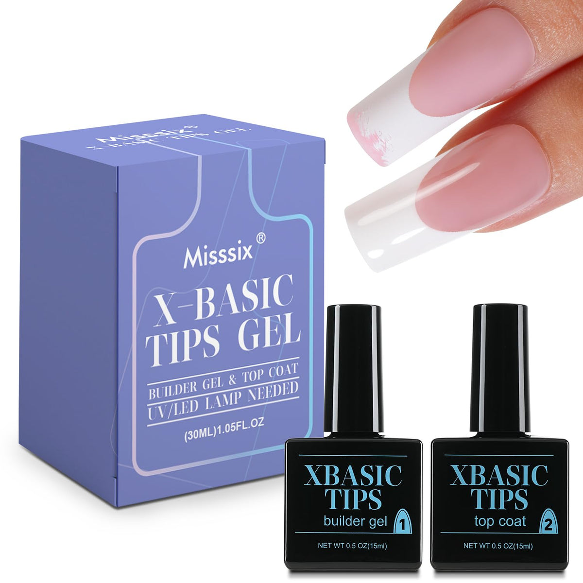 Misssix front packaging showing both 15ml builder gel and top coat for durable French tips