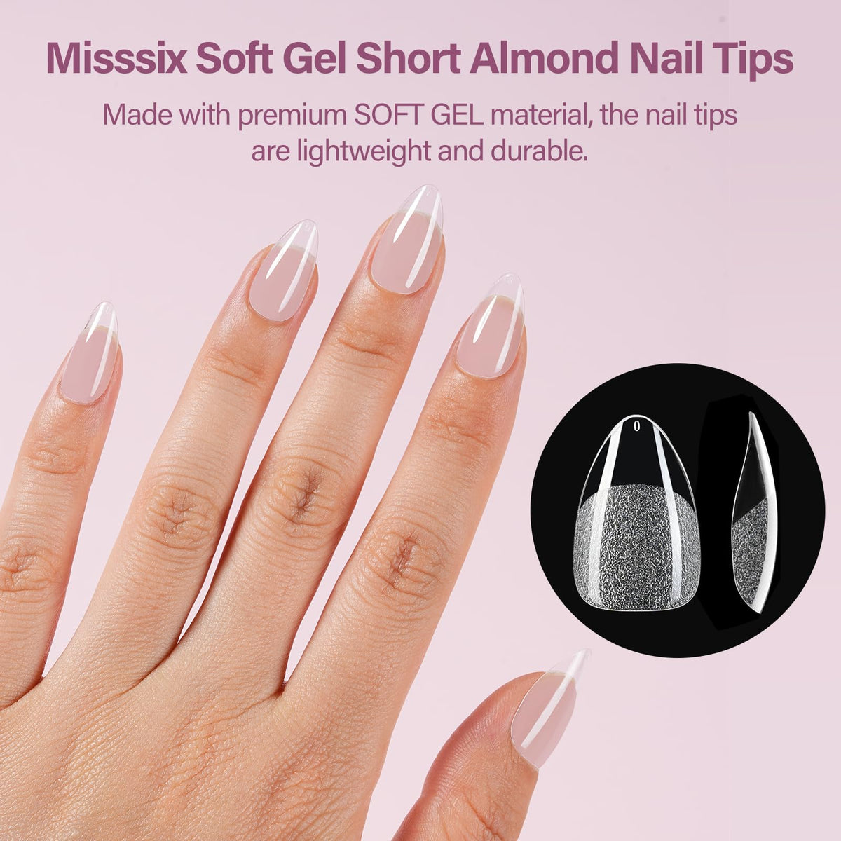 Misssix finished short almond nails on hands showing salon look and durability