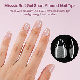 Misssix finished short almond nails on hands showing salon look and durability