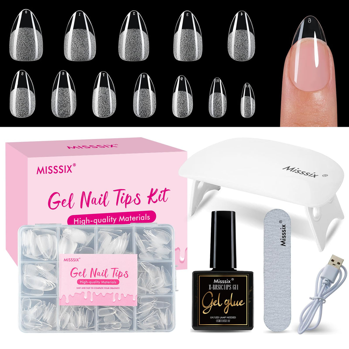 Misssix front packaging showing full short almond gel nail kit and contents benefit easy setup