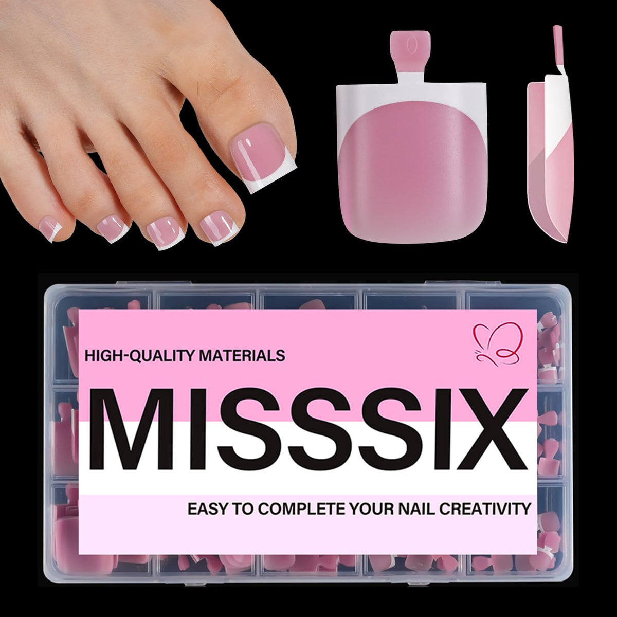 Misssix front packaging showing 150-piece French toe nail kit benefits
