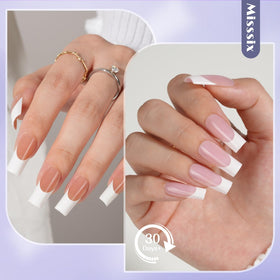 Misssix styled press-on French nails in lifestyle scene showcasing longer-lasting results