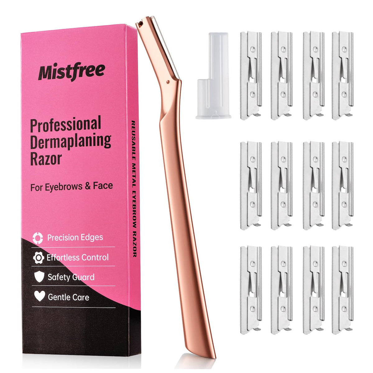 Mistfree rose gold razor front packaging showing professional grooming benefit