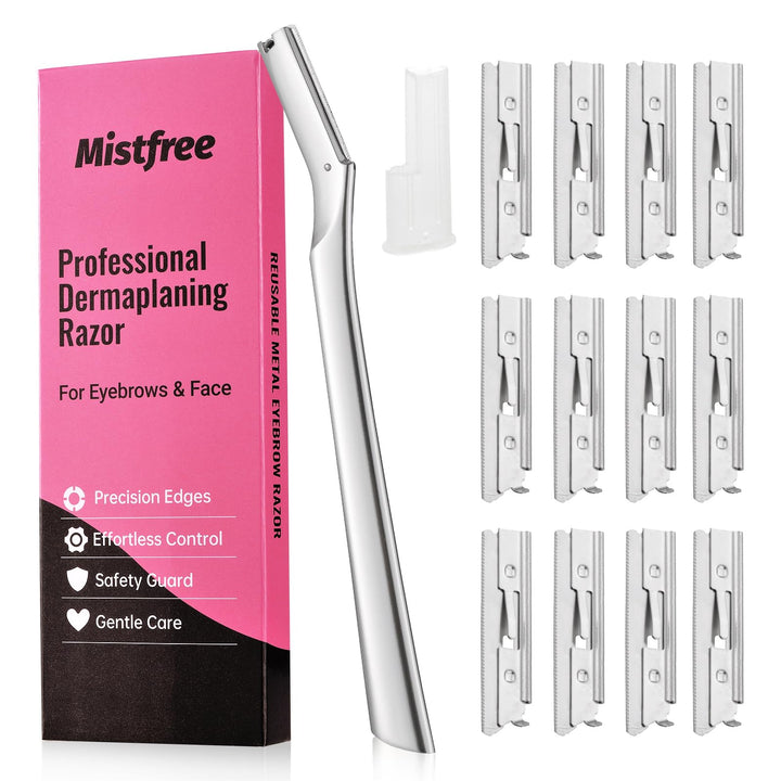 Mistfree front view of razor kit showing durable handle and included blades for precise grooming