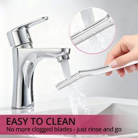 Mistfree razor held in hand to show scale and ease of use for at-home dermaplaning