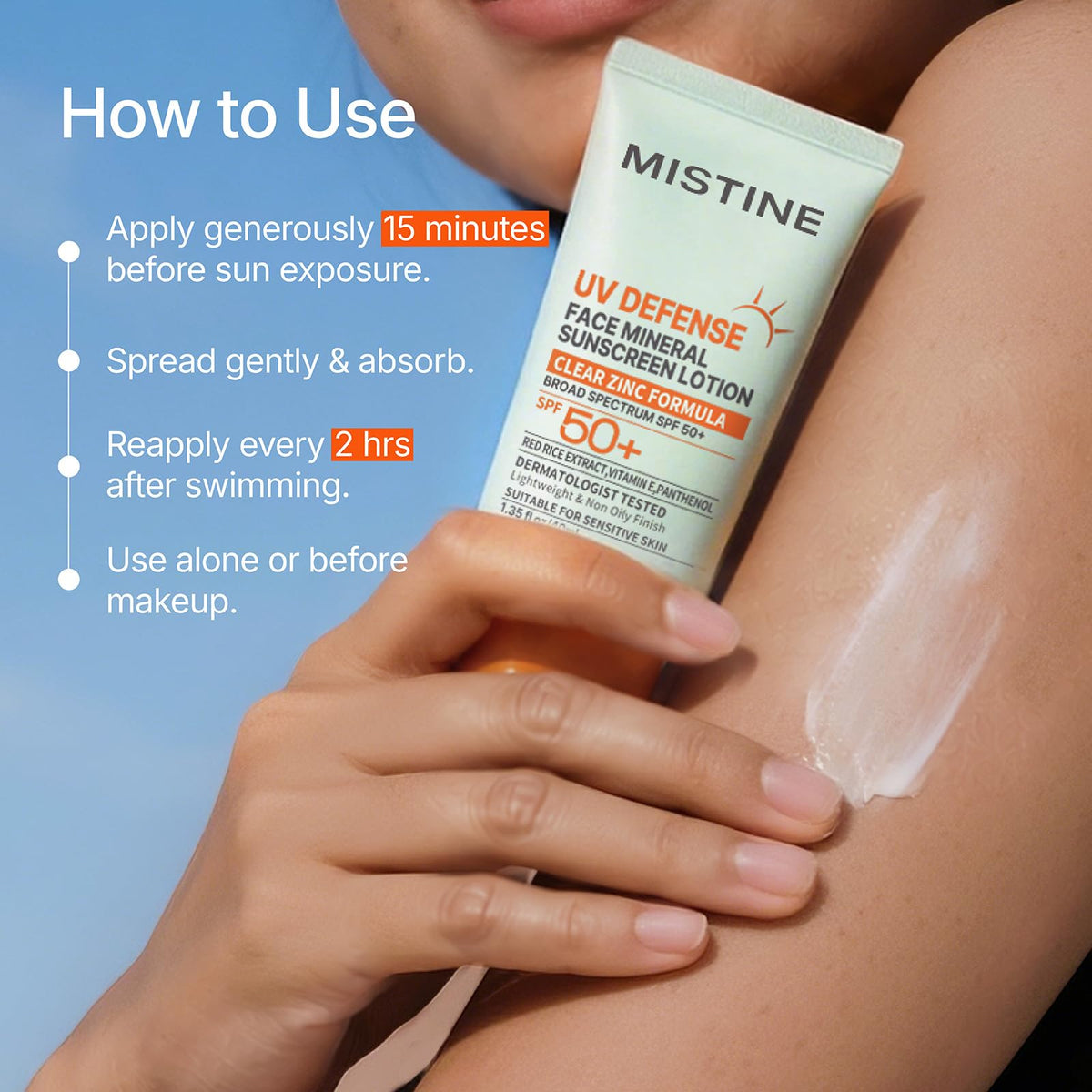 MISTINE spread on skin demonstrating soft-matte, no-white-cast finish
