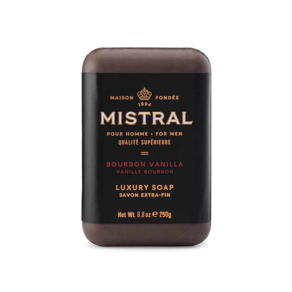 Mistral front packaging showing Bourbon Vanilla luxury bar and elegant design