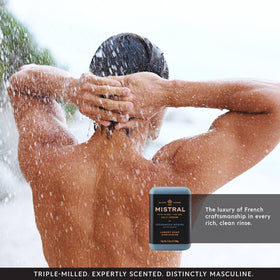 Mistral bar on bathroom shelf in lifestyle scene for elevated grooming benefit