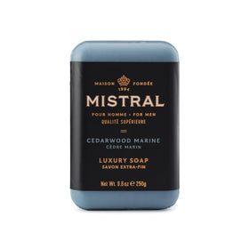 Mistral front packaging showing large 8.8 oz bar and cedarwood-marine scent benefit