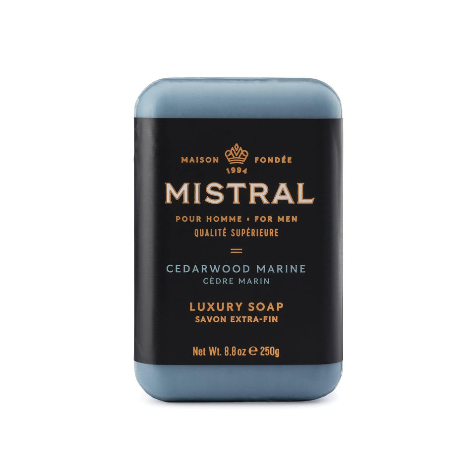 Mistral front packaging showing large 8.8 oz bar and cedarwood-marine scent benefit
