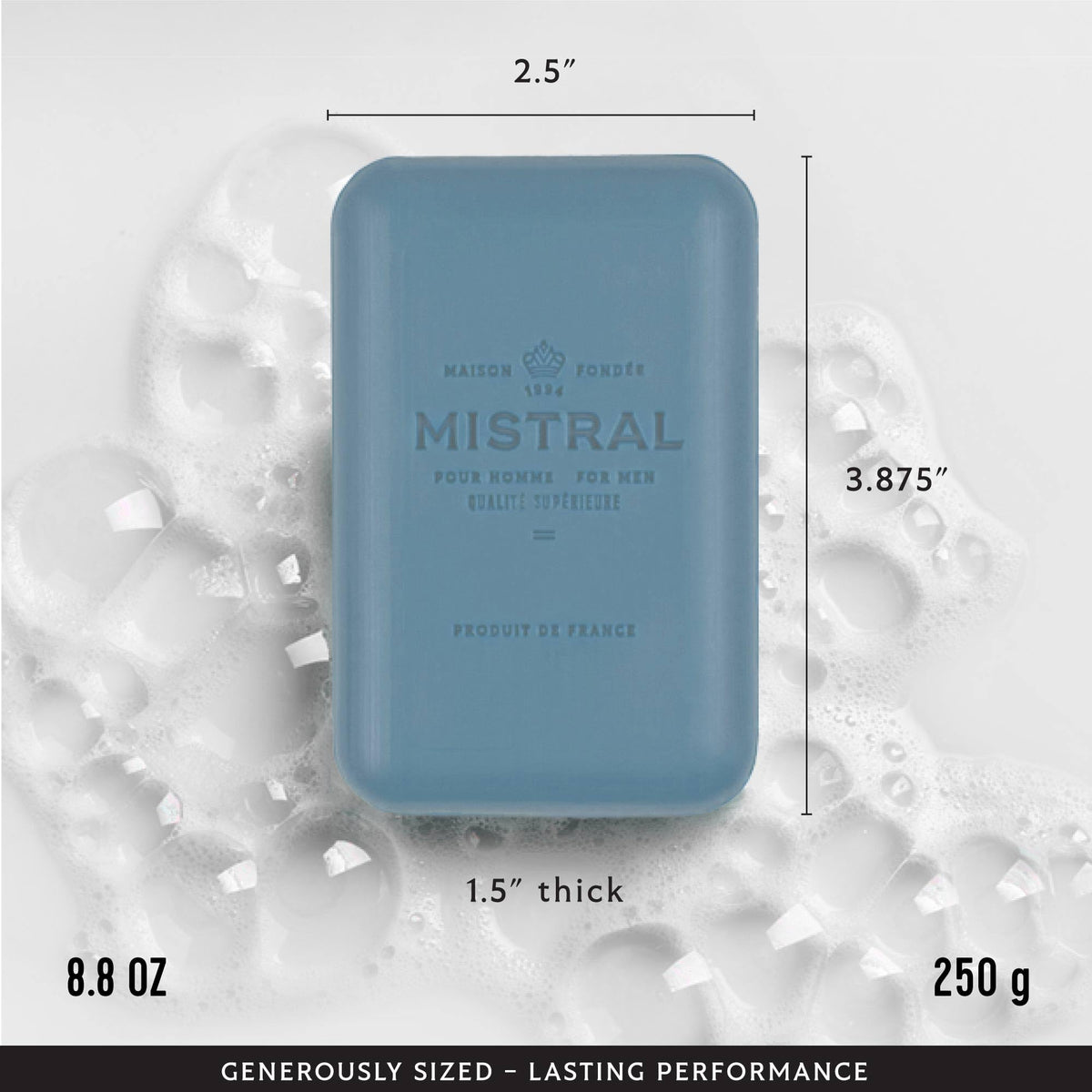 Mistral rich lather in hand demonstrating moisturizing cleanse benefit