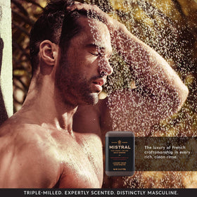 Mistral soap on bathroom shelf lifestyle shot conveying refined grooming benefit