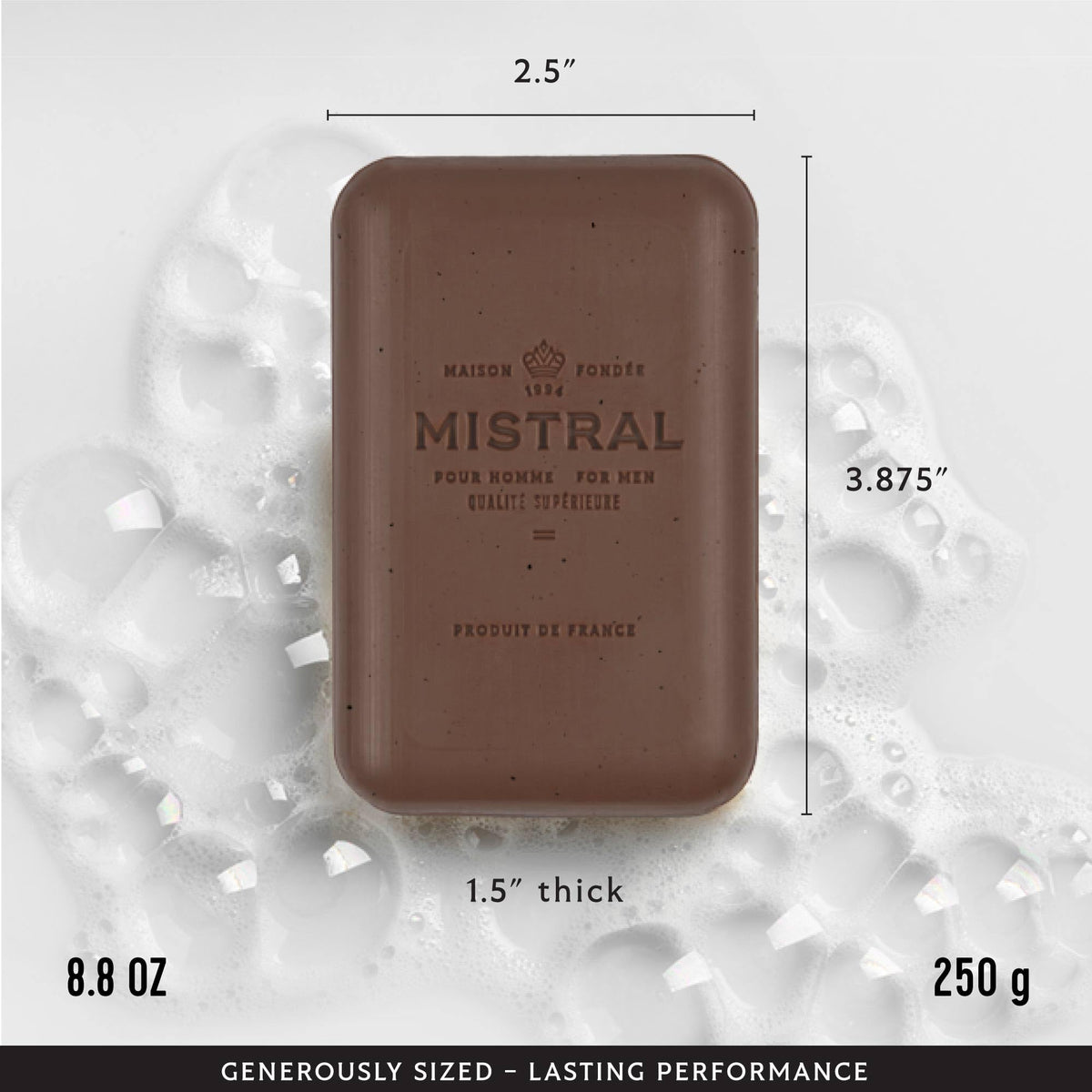 Mistral soap lather in hand illustrating rich foam and gentle cleansing benefit