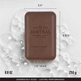 Mistral soap lather in hand illustrating rich foam and gentle cleansing benefit