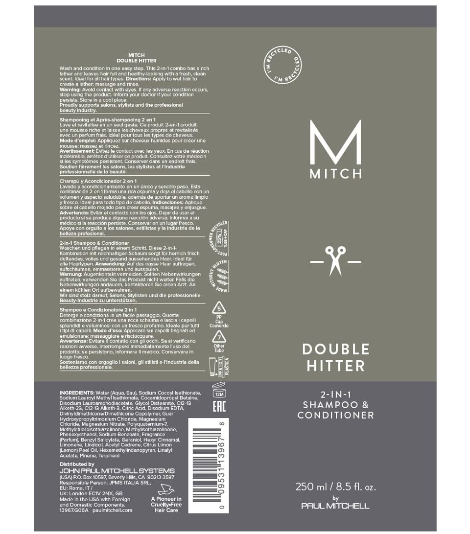 MITCH packaging PCR callout showing recycled-materials progress and eco benefit