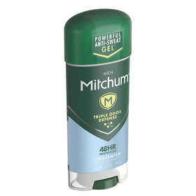 Mitchum gel in hand showing size and travel-friendly benefit