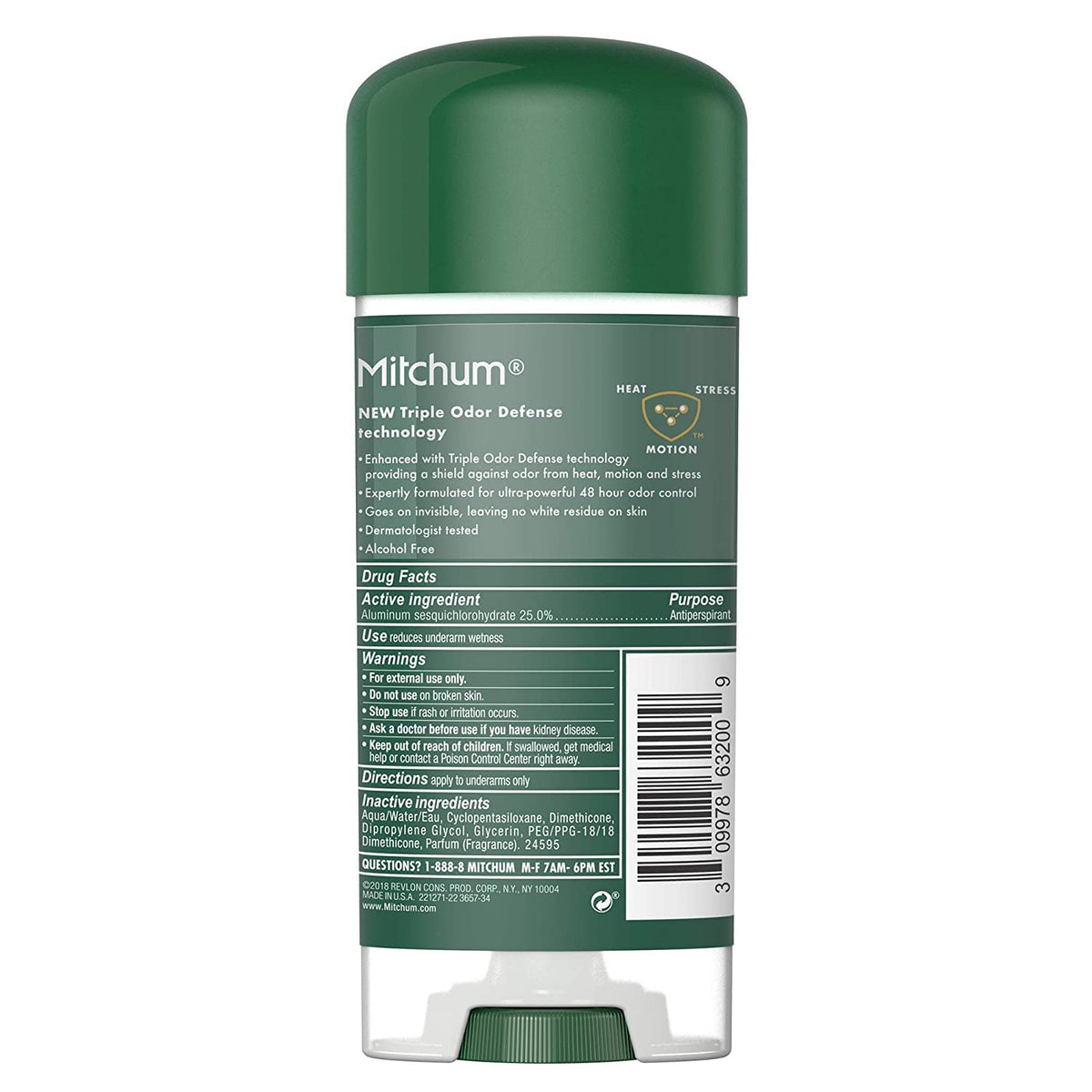 Mitchum single stick close-up showing clear gel applicator and label benefits