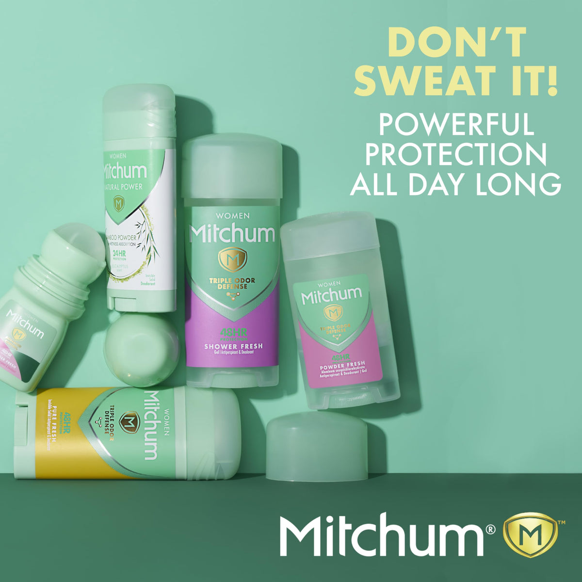 Mitchum on a bathroom shelf conveying everyday convenience and freshness benefit