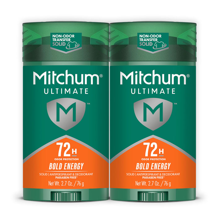 Mitchum front packaging showing bold energy scent and 72HR protection benefit