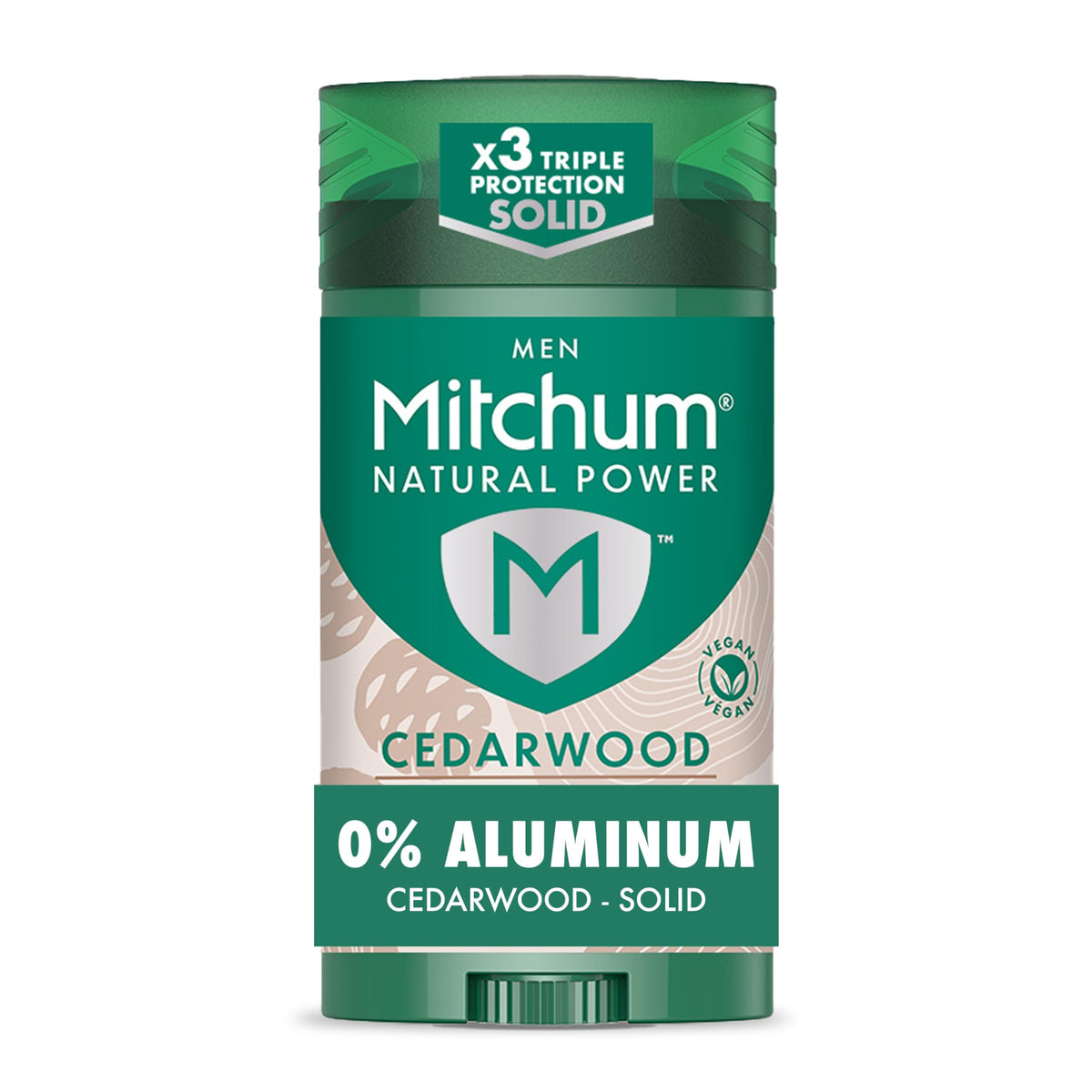 Mitchum cedarwood front packaging showing aluminum-free label and vegan claim