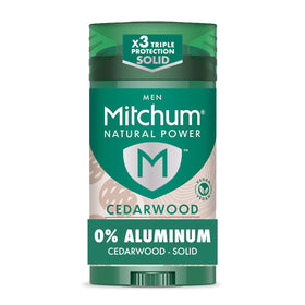 Mitchum cedarwood front packaging showing aluminum-free label and vegan claim
