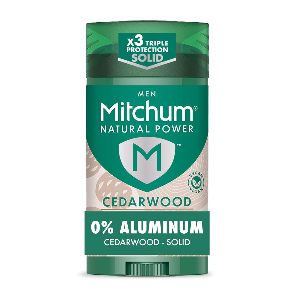 Mitchum cedarwood front packaging showing aluminum-free label and vegan claim
