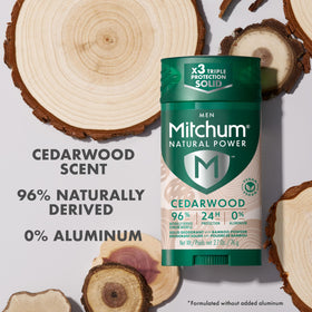 Mitchum cedarwood stick texture close-up highlighting smooth glide and dry finish