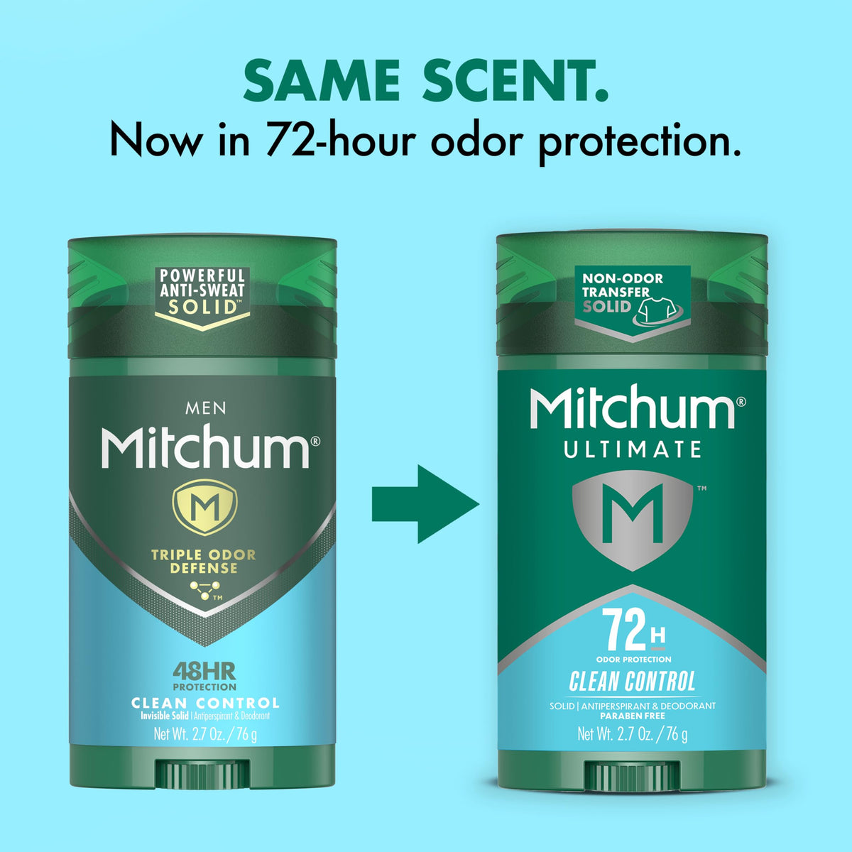 Mitchum label detail showing Clean Control scent and ingredients