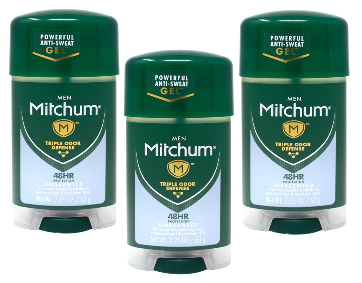 Mitchum clear gel front packaging showing unscented benefit and protection
