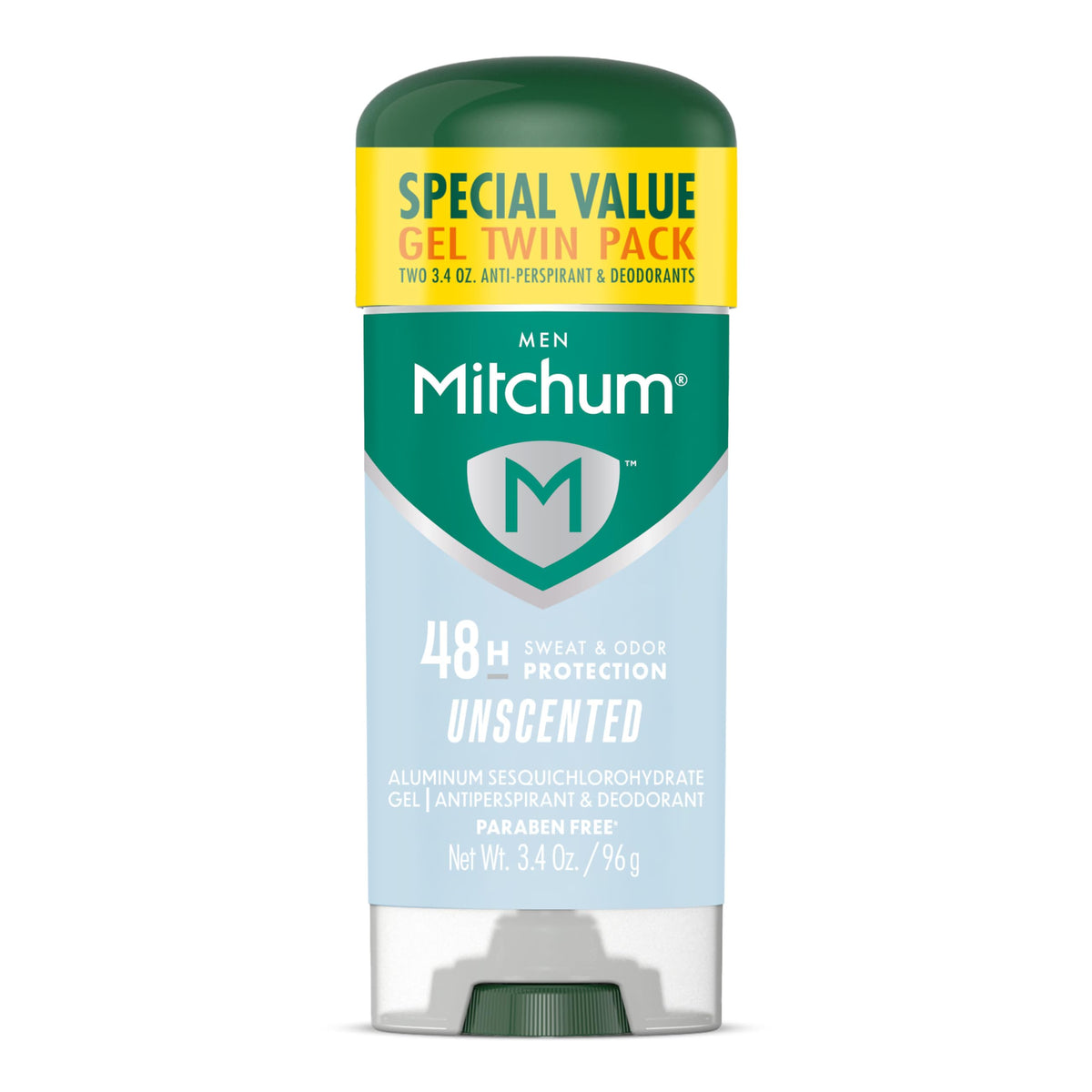 Mitchum clear gel front packaging showing unscented 48HR protection