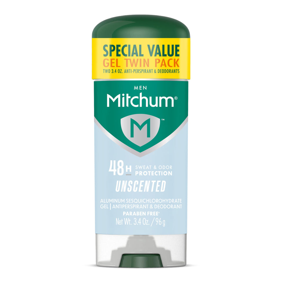 Mitchum clear gel front packaging showing unscented 48HR protection